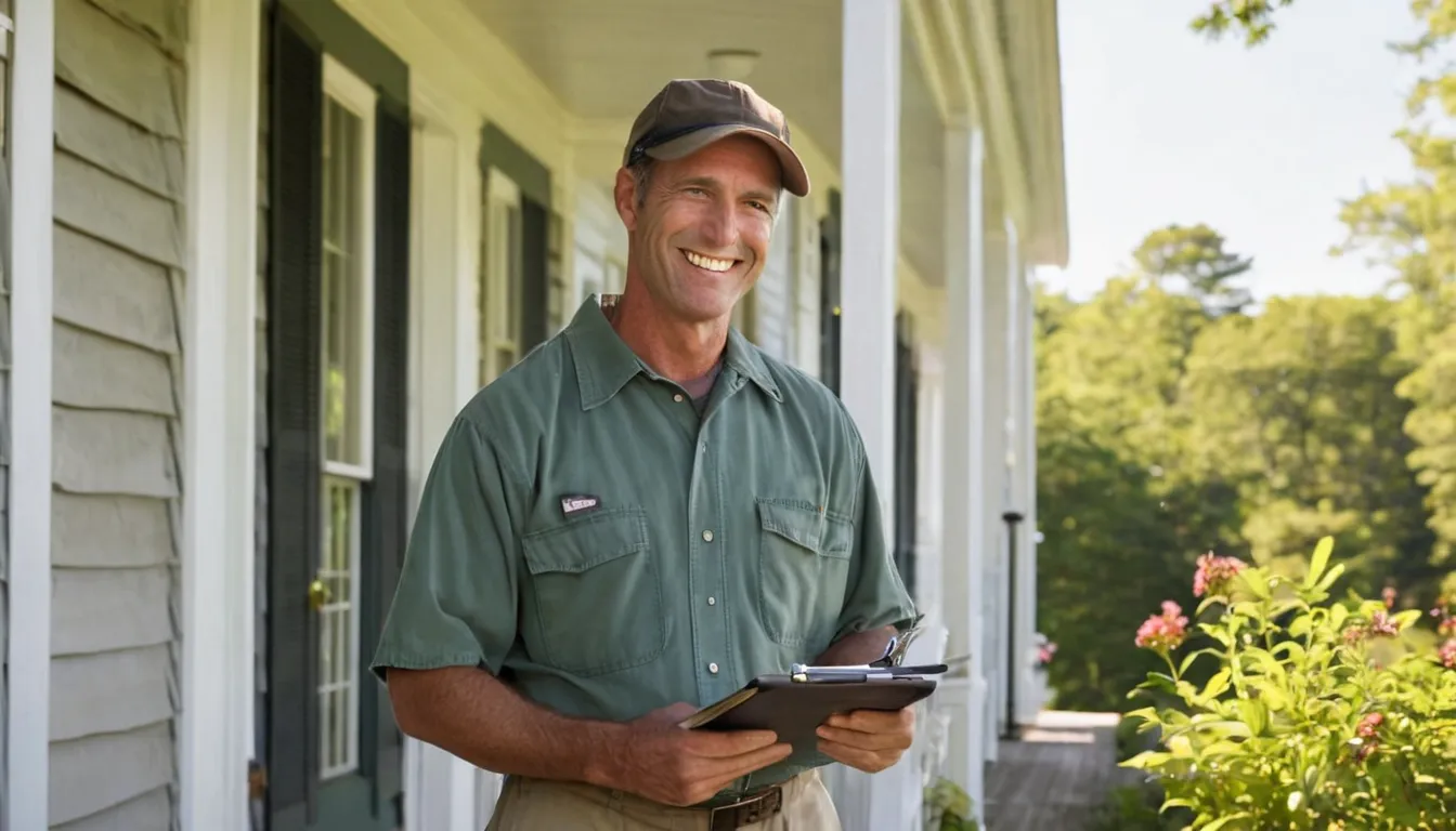 A friendly pest control provider talking with a homeowner at the door of a house in the Boston area