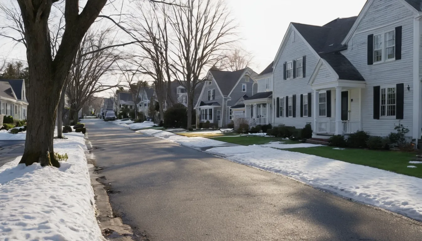A residential street with older homes in Boston on a cool, clear day